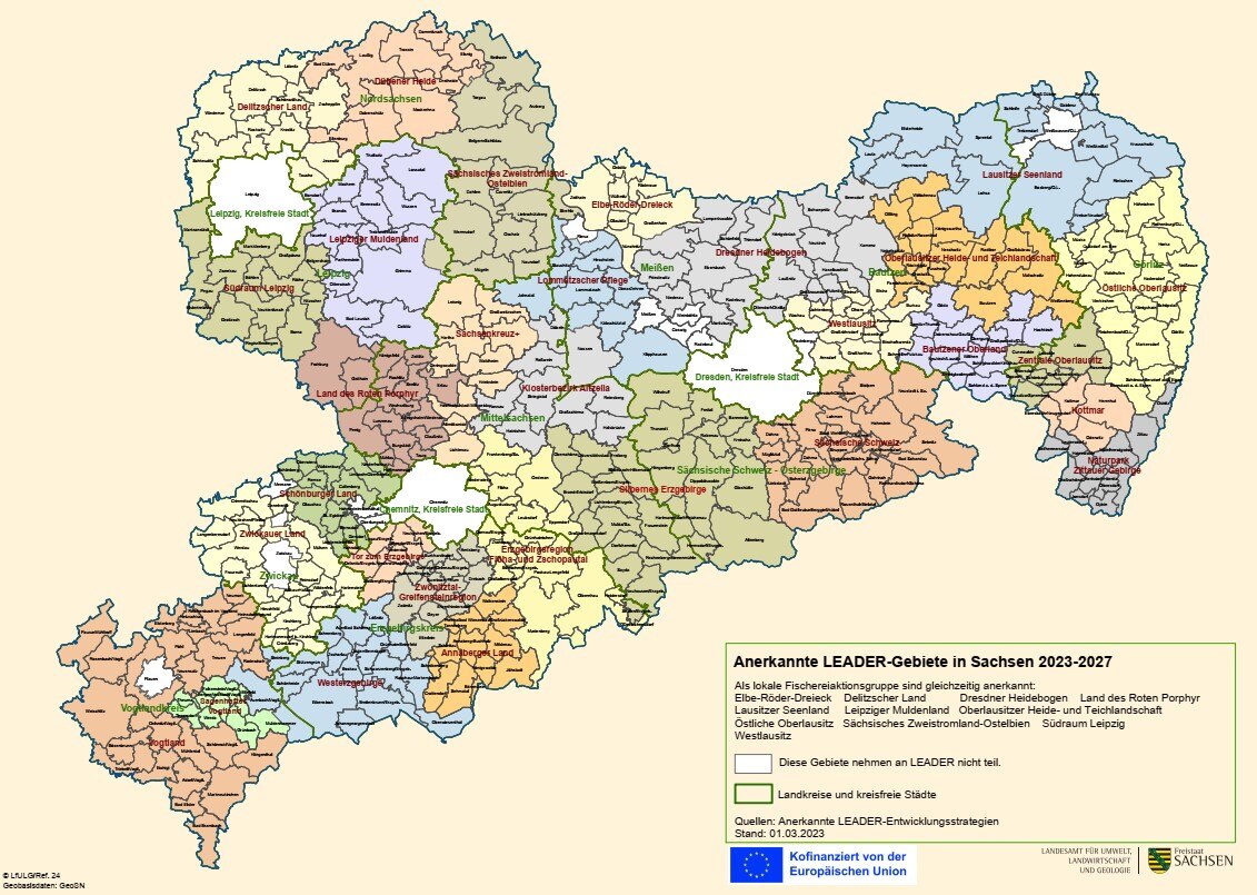 Karte der anerkannten LEADER-Gebiete 2023-2027