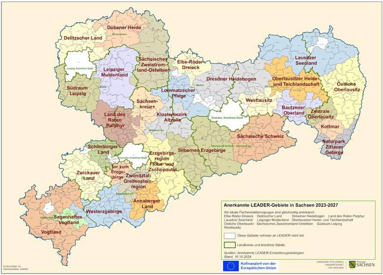 Sachsenkarte mit einzeichneten LEADER-Gebieten 2023 - 2027