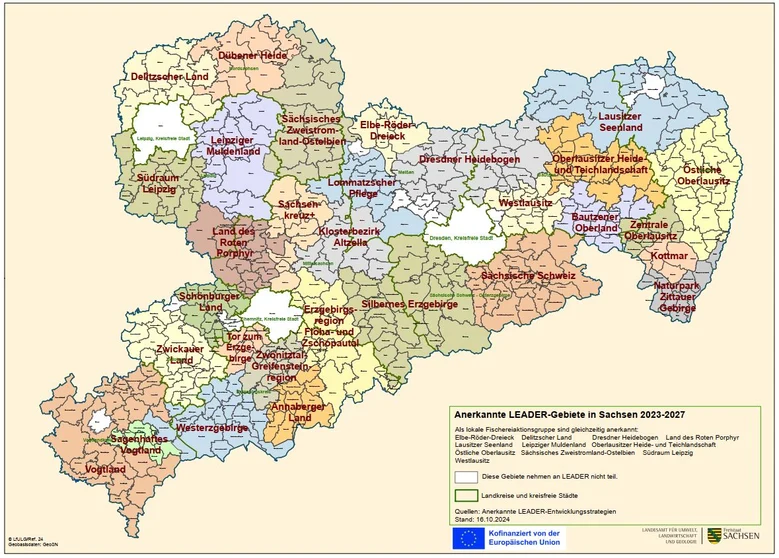 Sachsenkarte mit einzeichneten anerkannten LEADER-Gebieten 2023-2027