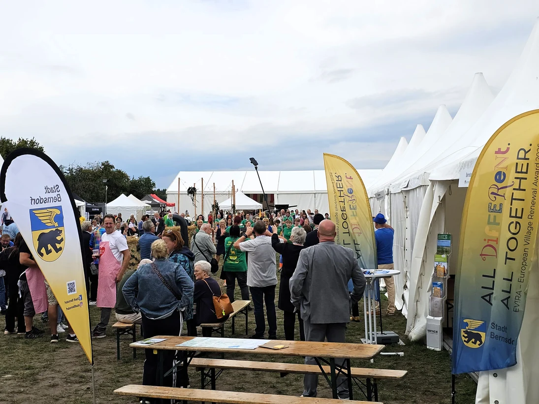 viele Personen zummeln sich auf der Festwiese
