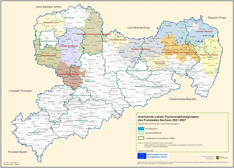 Sachsenkarte mit einzeichneten lokalen Fischereiaktionsgruppen 2023 bis 2027