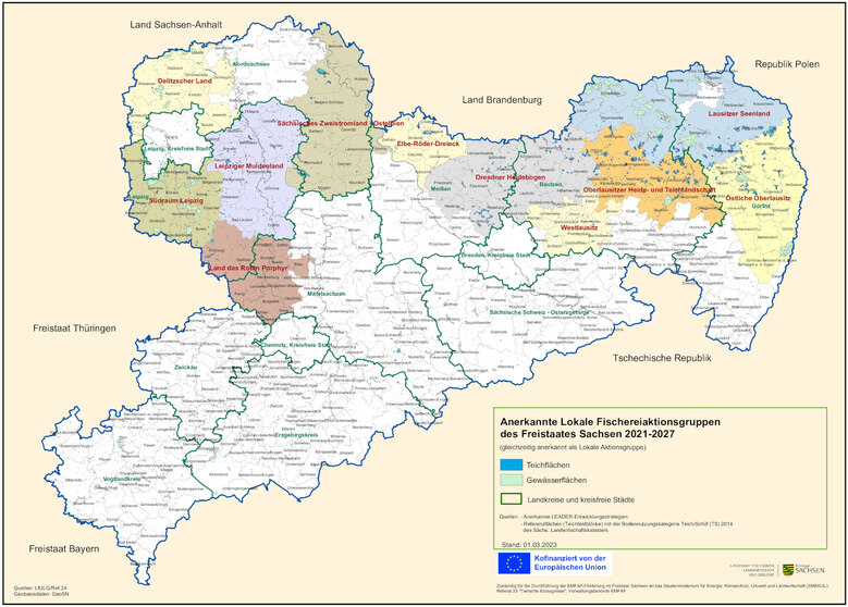 Sachsenkarte mit einzeichneten lokalen Fischereiaktionsgruppen 2023 bis 2027