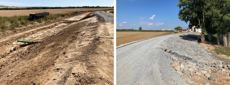 Bild links: Schichtweiser Aufbau des Damms; Bild rechts: Bau des Damms