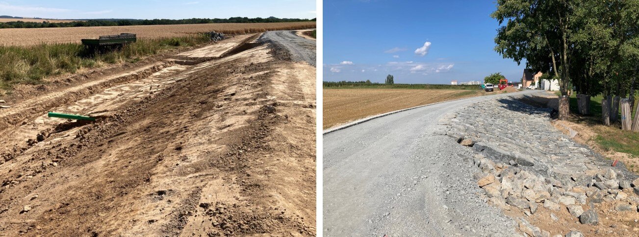 Bild links: Schichtweiser Aufbau des Damms; Bild rechts: Bau des Damms