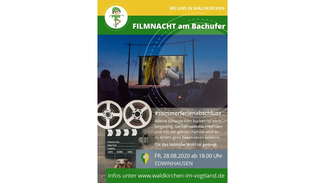 Werbeplakat für das 1. Sommerkino am Bachufer in Waldkirchen mit dem Slogan: »Allein zuhause Film Kucken ist doch langweilig. Gemeinsam mit Freunden und mit der ganzen Familie wird es zu einem ganz besonderen Erlebnis«. Freitag, 28.08.2020 ab 18.00 Uhr Ed