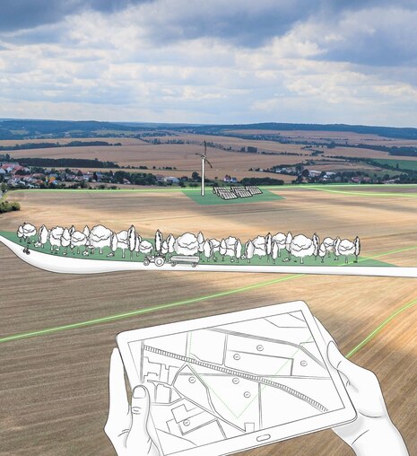 Landschaftsbild mit Illustration der Planung