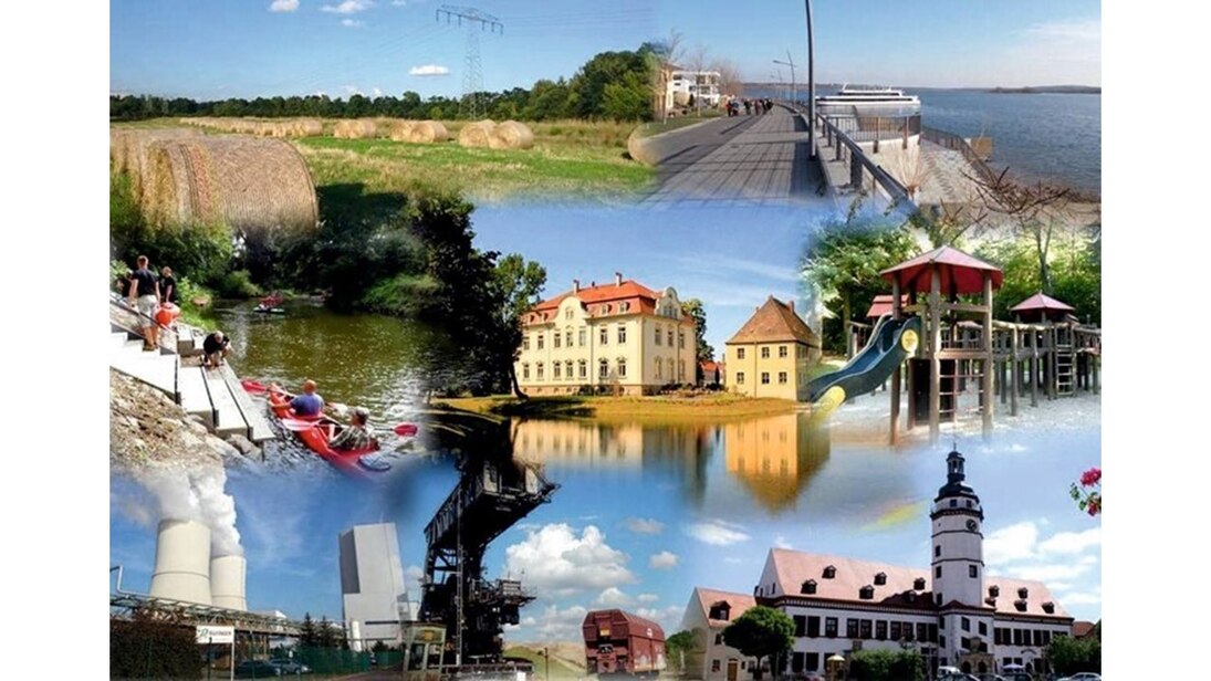Fotomontage von sieben Motiven, mit typischen Facetten des Südraumes Leipzig mit Freizeit- und Erholungsangeboten sowie Energie- und Landwirtschaft