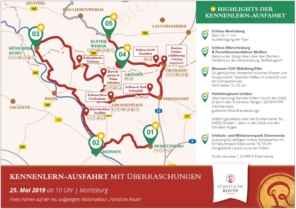 Routendarstellung der Kennlernfahrt am 25. Mai 2019 auf einem Flyer. 