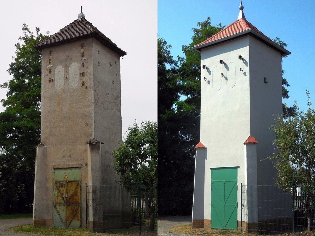 Ehemaliger Trafoturm, in der linken Bildhälfte vor der Sanierung, in der rechten Bildhälfte nach der Sanierung zum Vogelhotel gezeigt.