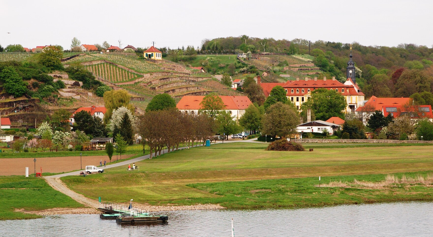 Im Vordergrund die Elbe mit der Fähre, in der Mitte das Schloss in Diesbar-Seußlitz, im Hintergrund die Weinberge