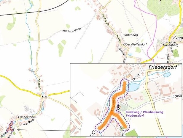 Kartenausschnitt mit der Lage von Friedersdorf sowie eine Skizze mit der Lage der Staßenbaumaßnahmen