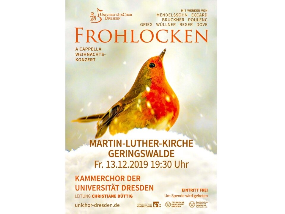 Plakat für ein Weihnachtskonzert mit einem Rotkehlchen im Schnee