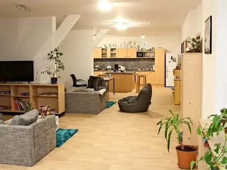 Blick in den großen gemütlichen Raum mit Sitzmöbeln und Grünpflanzen