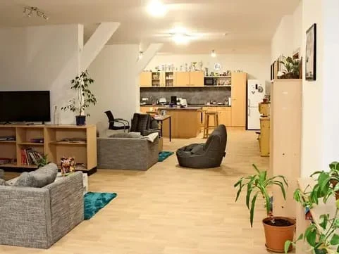 Blick in den großen gemütlichen Raum mit Sitzmöbeln und Grünpflanzen