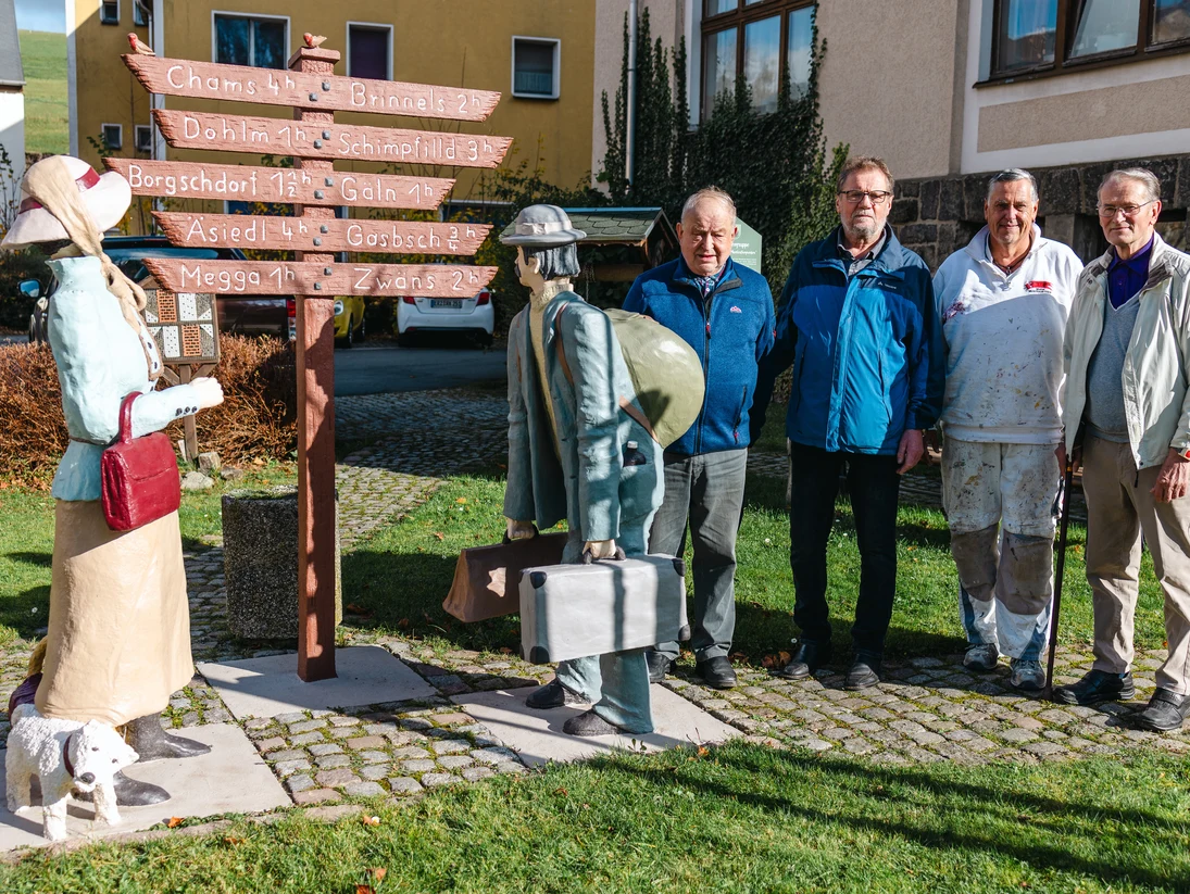 Vier Männer stehen neben dem Wegweiser. Links und rechts davon stehen die zwei Figuren und sehen aus, als würden Sie das Schild lesen.