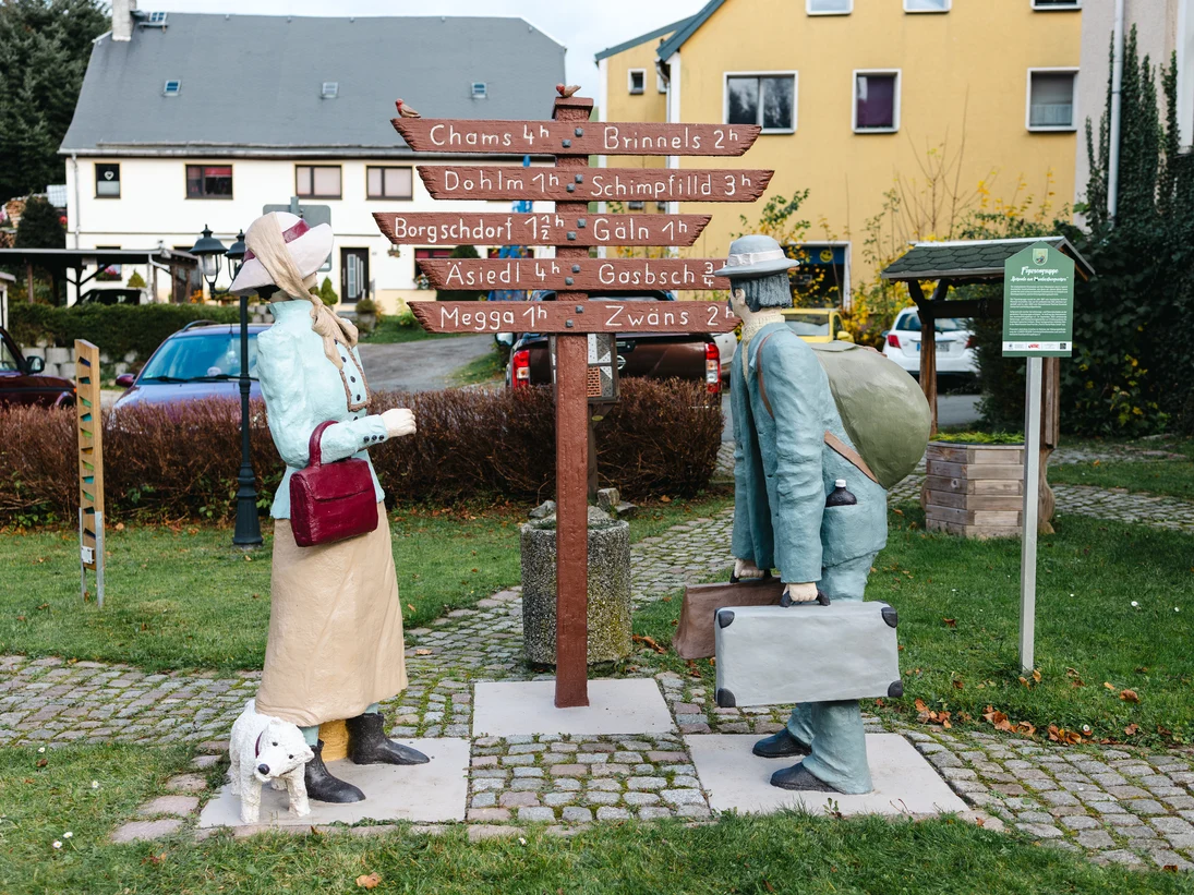 Frontalsicht auf den Wegweiser mit den zwei Figuren.