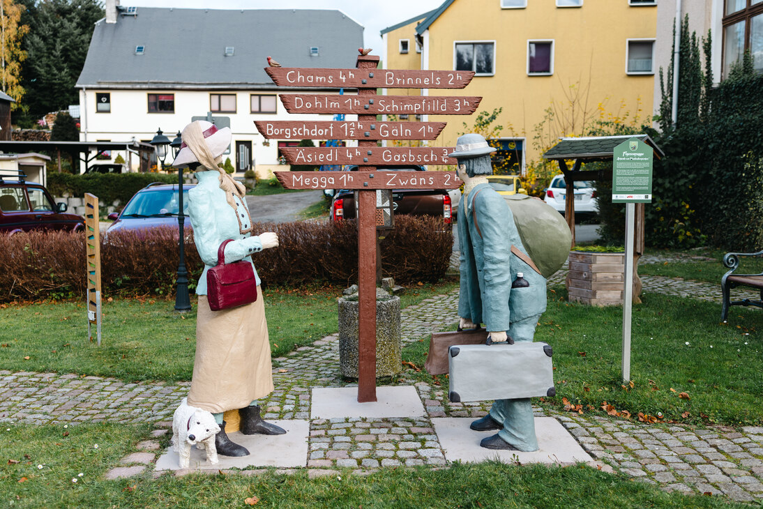 Zwei Holzfiguren stehen mit Gepäck vor einem Wegweiser mit Ortsangaben in Mundart. Vor den Personen sitzt ein kleiner weißer Hund.