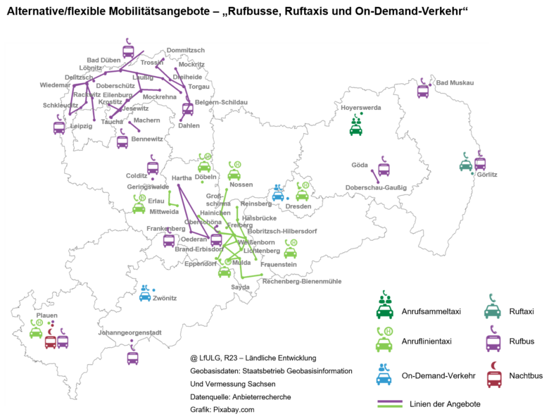 Sachsenkarte mit der Lage der bedarfsorientierten ÖPNV-Angebote mit verschiedenen Symbolen für Rufbusse, Ruftaxis und On-Demand-Verkehr