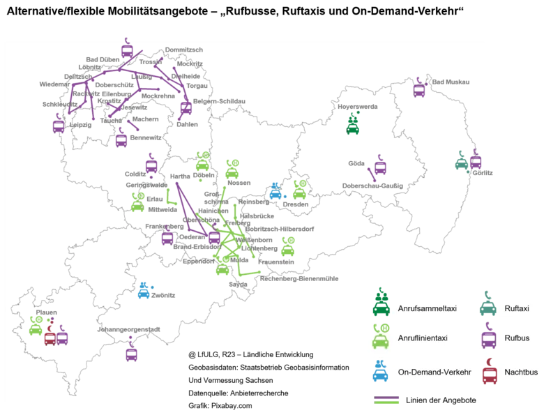 Sachsenkarte mit der Lage der bedarfsorientierten ÖPNV-Angebote mit verschiedenen Symbolen für Rufbusse, Ruftaxis und On-Demand-Verkehr
