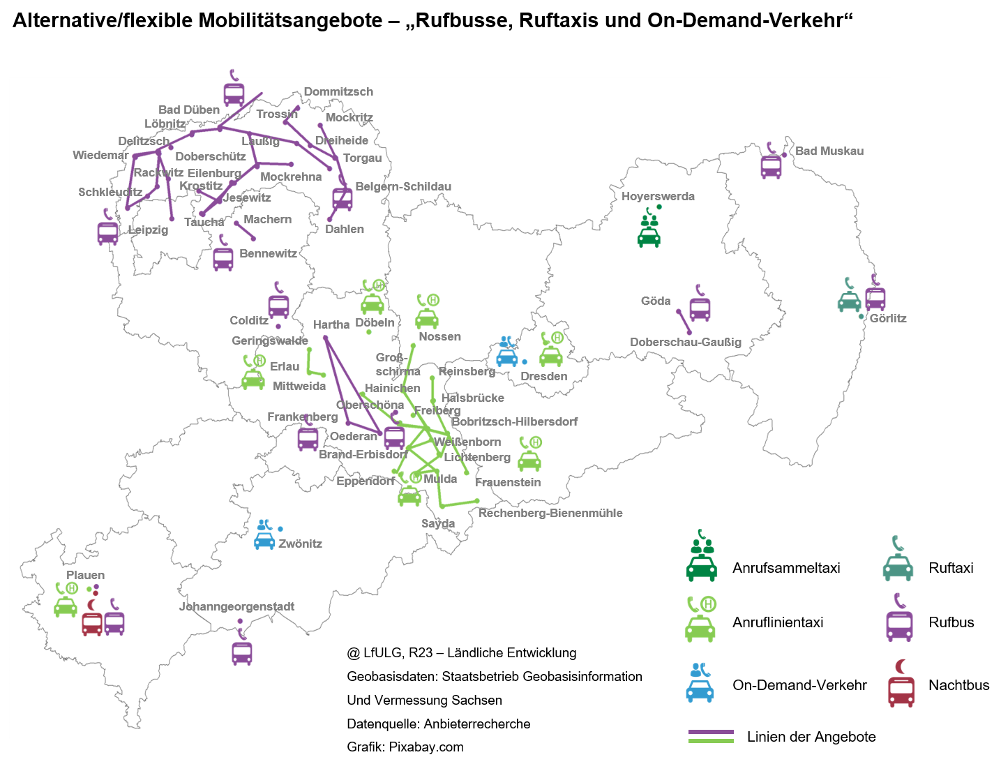 Sachsenkarte mit der Lage der bedarfsorientierten ÖPNV-Angebote mit verschiedenen Symbolen für Rufbusse, Ruftaxis und On-Demand-Verkehr