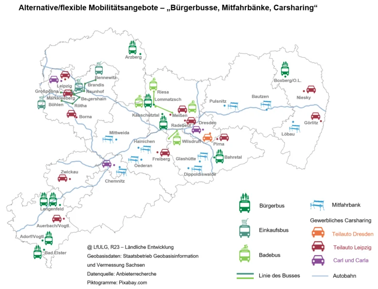 Sachsenkarte mit der Lage der alternativen Mobilitätsangebote mit verschiedenen Symbolen für Einkaufs-, Bade-, Bürgerbusse, Mitfahrbänke sowie Carsharing 