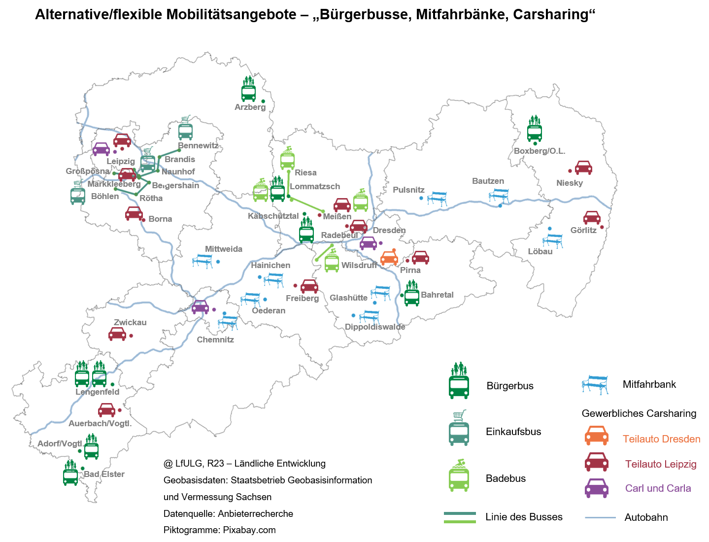 Sachsenkarte mit der Lage der alternativen Mobilitätsangebote mit verschiedenen Symbolen für Einkaufs-, Bade-, Bürgerbusse, Mitfahrbänke sowie Carsharing 