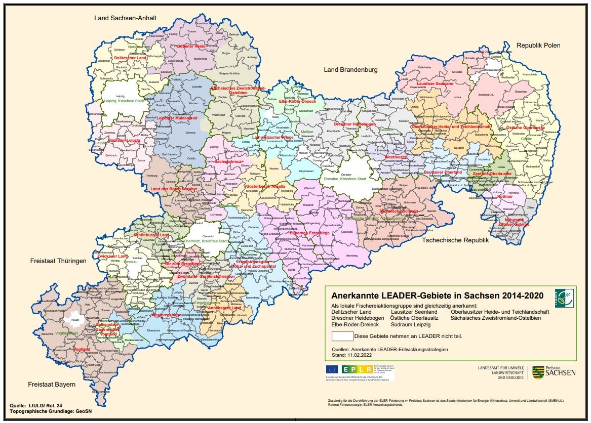 Sachsenkarte mit gekennzeichneten LEADER-Gebieten