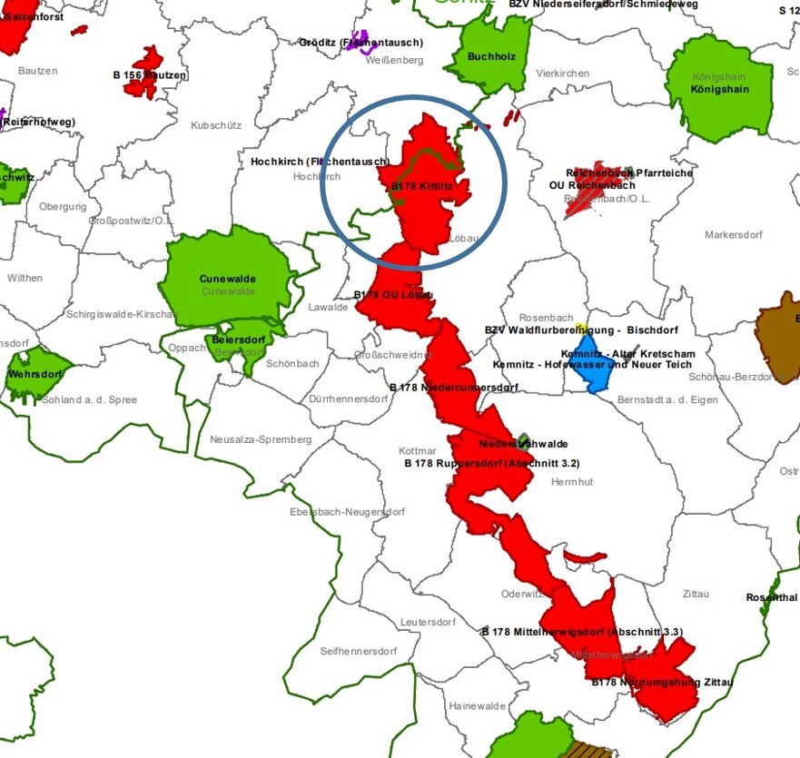 Übersichtskarte der Unternehmensflurbereinigungen für die B 178 n (rote Verfahrenskette)