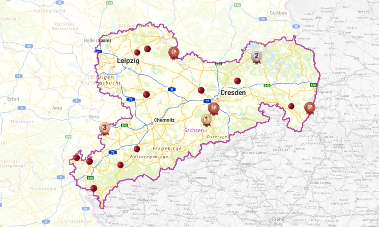 Sachsenkarte mit Markierungen der Teilnehmerdörfer
