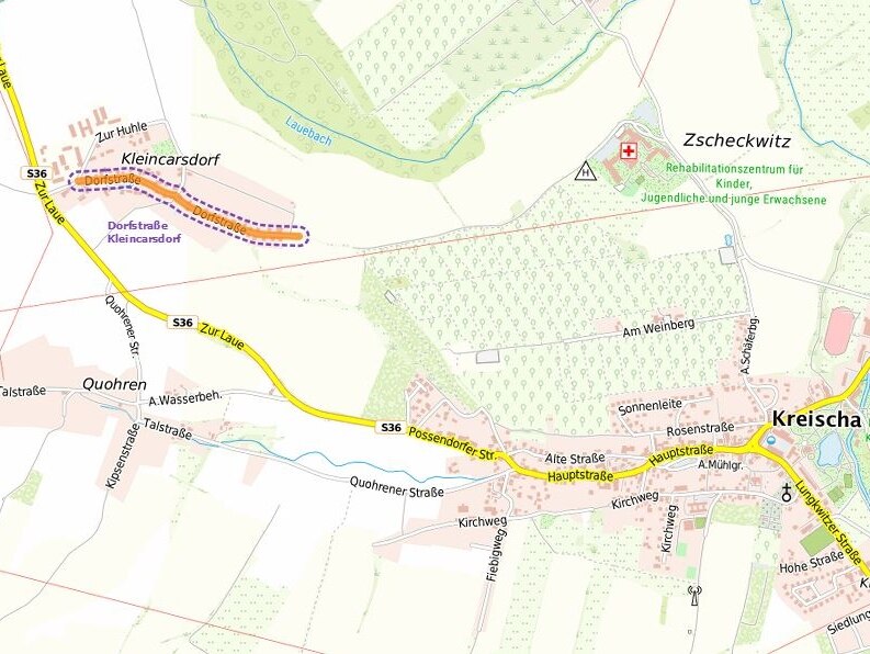 Kartenausschnitt mit der Lage des Kreischaer Ortsteils Kleincarsdorf