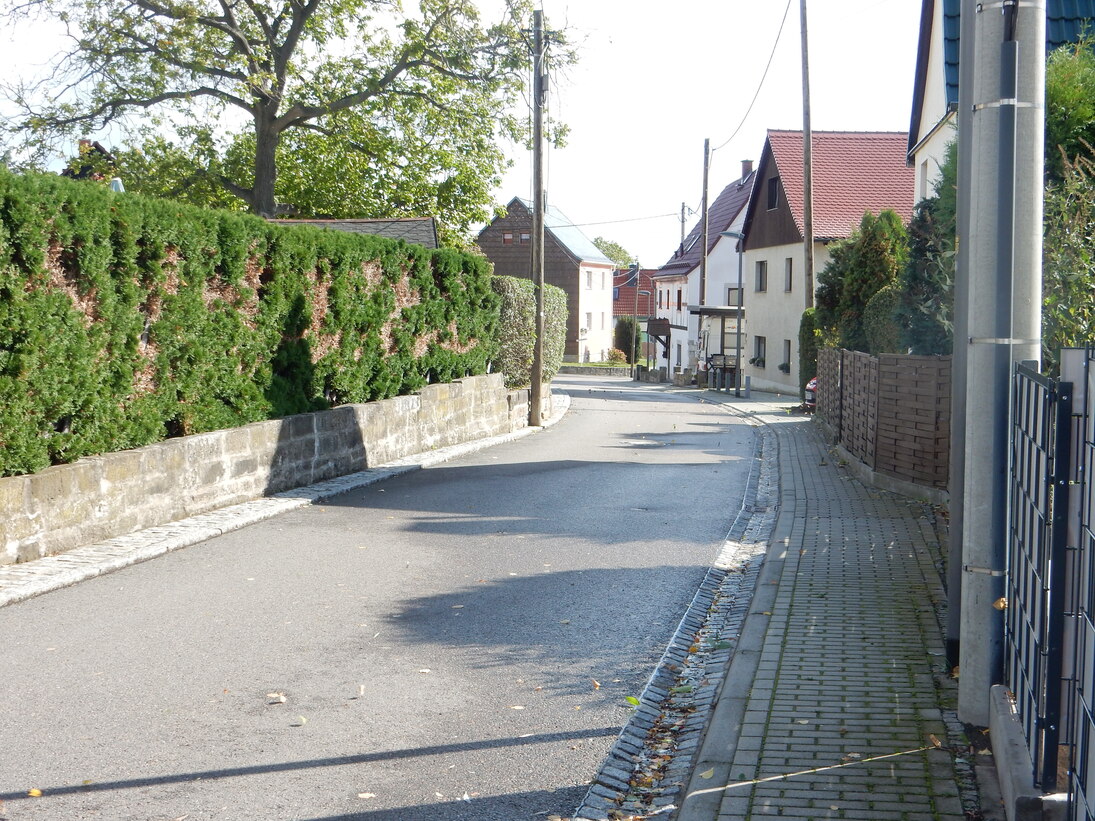 Dorfstraße und Anger mit überfahrbaren, multifunktionale Seitenräumen, Abgrenzung mit Flachbord und Muldenrinne