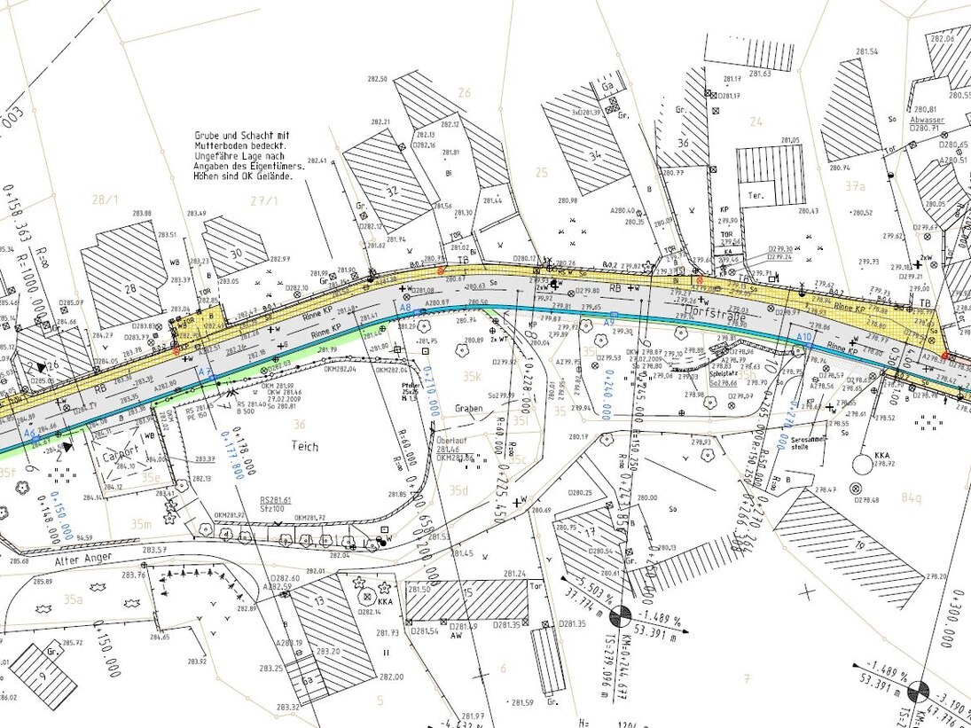 Lageplan der Baumaßnahme auf einem Ausschnitt aus dem Ausführungsplan