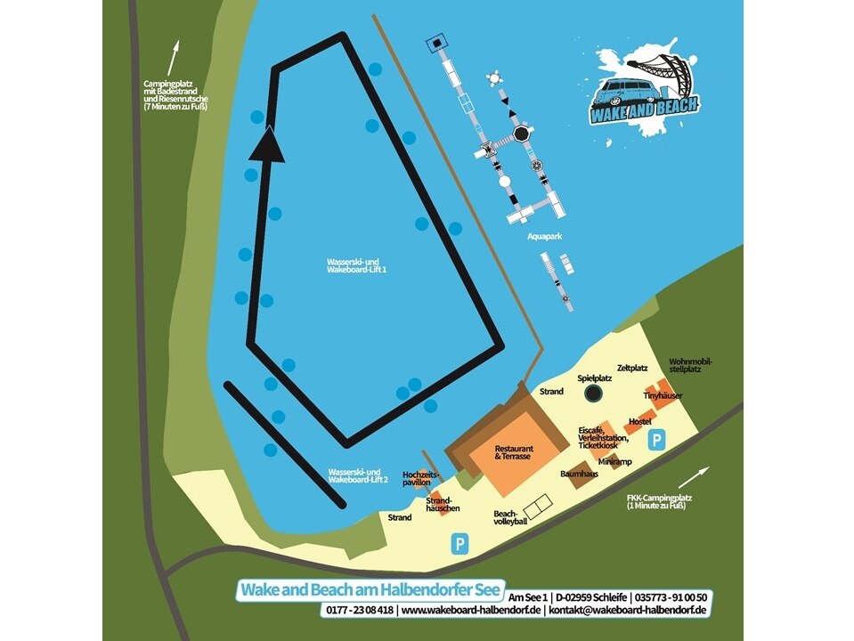 Lageplan mit den zwei Wasserski- und Wakeboard-Liften, dem Aquapark sowie den Serviceeinrichtungen am Strand