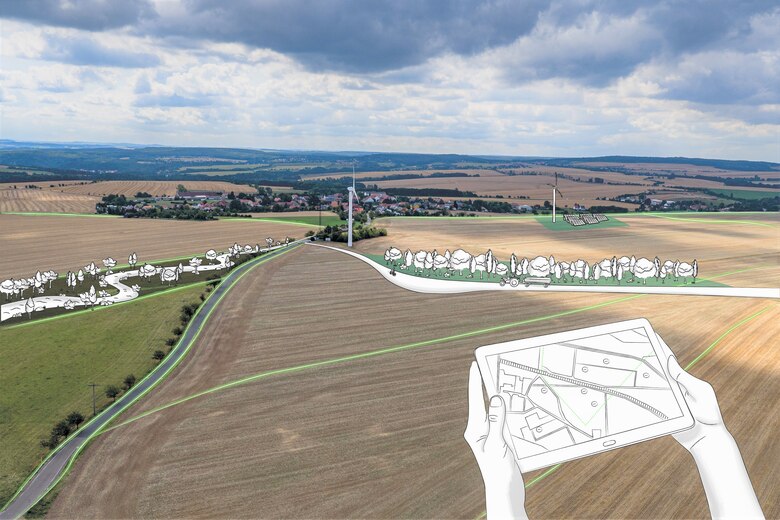 Landschaftsbild mit Illustration der Planung