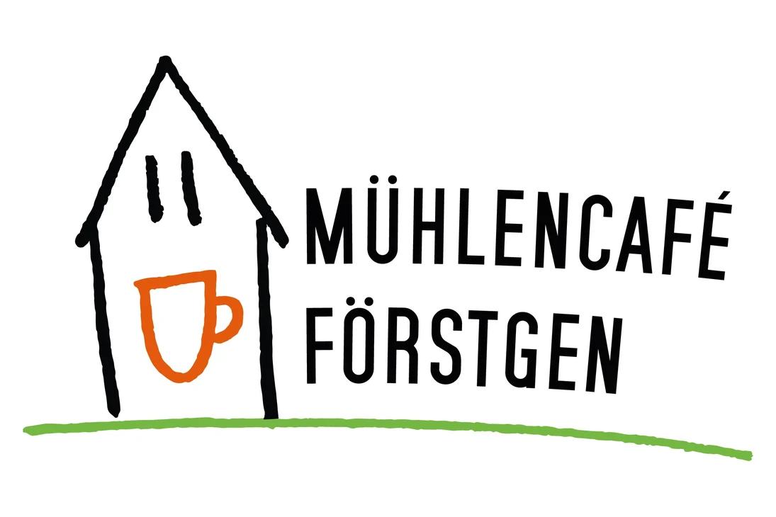 Haus mit roter Tasse als Mund und zwei Strichen als Augen gefolgt mit Aufschrift »Mühlencafé Förstgen«