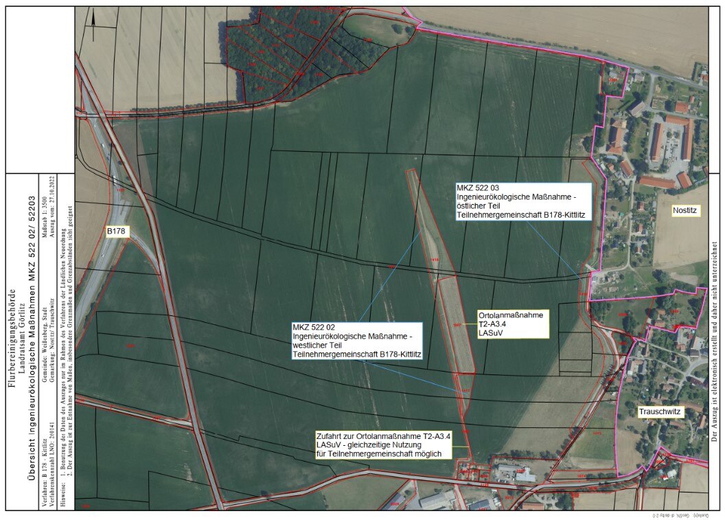 Lage der Maßnahmen; rechts im Bild die Ortslage Nostitz