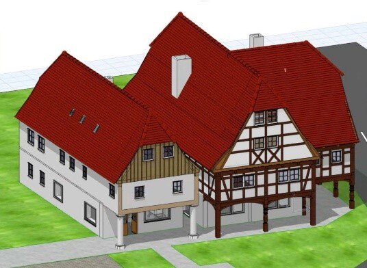 Ein Bild, welches eine digitale Erfassung des Gebäudes "Alte Schmiede" als Modell zeigt.