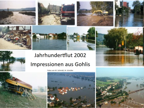 Collage mit Bildern der Jahrhundertflut 2002 in Gohlis