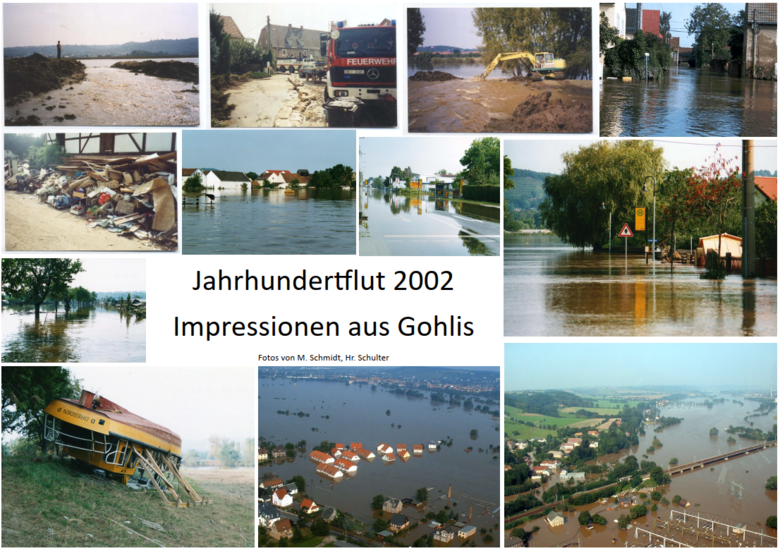 Collage mit Bildern der Jahrhundertflut 2002 in Gohlis