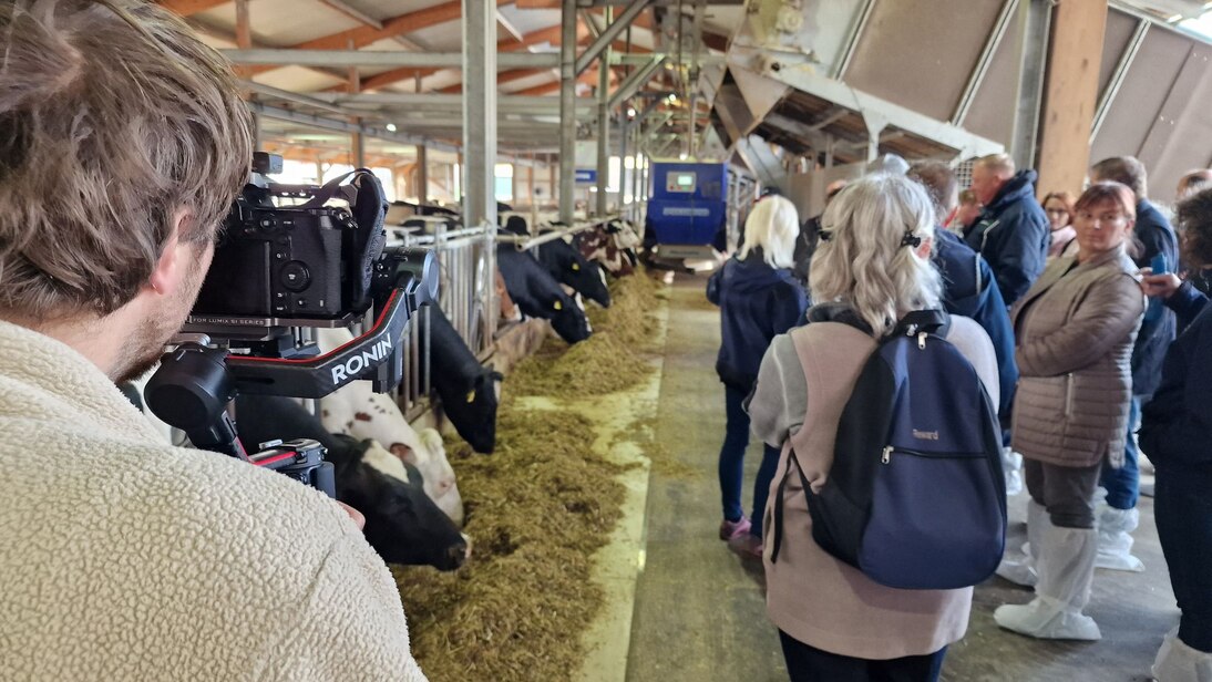 Mehrere Personen stehen in einem Kuhstall. Links im Vordergrund steht eine Person mit einer Videokamera.