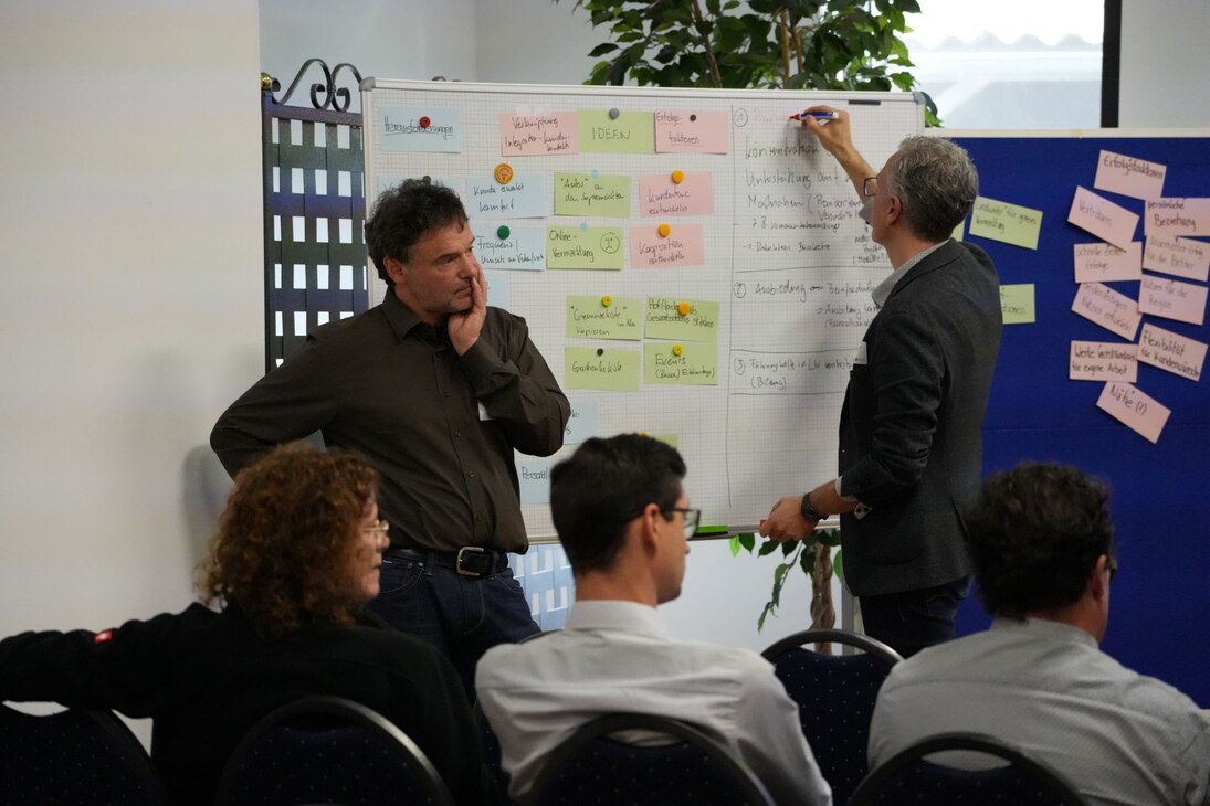 Mehrere Personen sitzen in einem Raum. An einer weißen Pinnwand sind verschieden farbige Zettel. Eine Person steht vor der Pinnwand und schreibt etwas daran.
