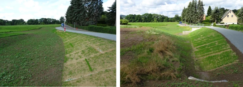 auf beiden Bildern ist rechts eine Straße zu sehen. jeweils auf der linken Seite sieht man das Trockenbecken.
