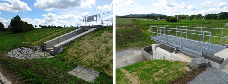 Bild links: Das Bild zeigt eine Regenwasser-Überlaufstruktur in einem begrünten Hang. Ein betonierter Kanal leitet überschüssiges Wasser zu zwei mit Gittern abgedeckten Abflüssen, die von Steinen umgeben sind und der Erosionskontrolle dienen.. Bild rechts