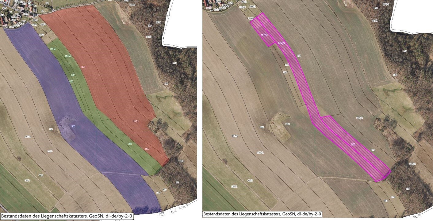 Abbildung links: 3 farbig gekennzeichnete Flächen der bisherigen Flächennutzung durch die Landwirte; Abbildung rechts: die mittlere Fläche kennzeichnet die durch die Stadt Dresden erworbene Flächen
