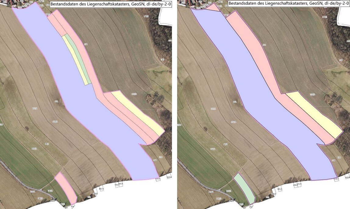 links: Ausgangslage der mit verteilten Flurstücken; rechts: zusammengeführte Flurstücke