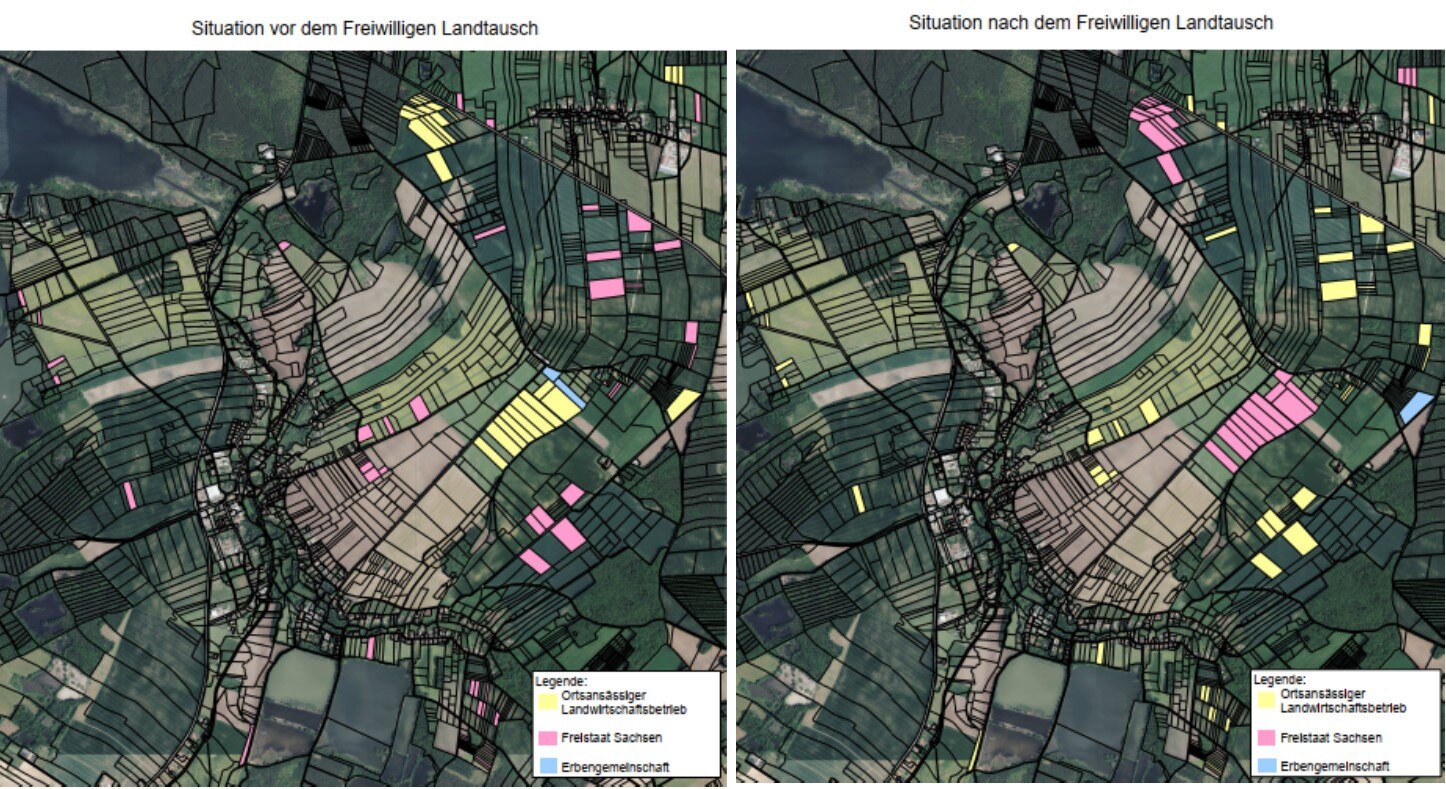 Zwei Karten mit den eingezeichneten Flurstücken vor und nach dem Freiwilligen Landtausch