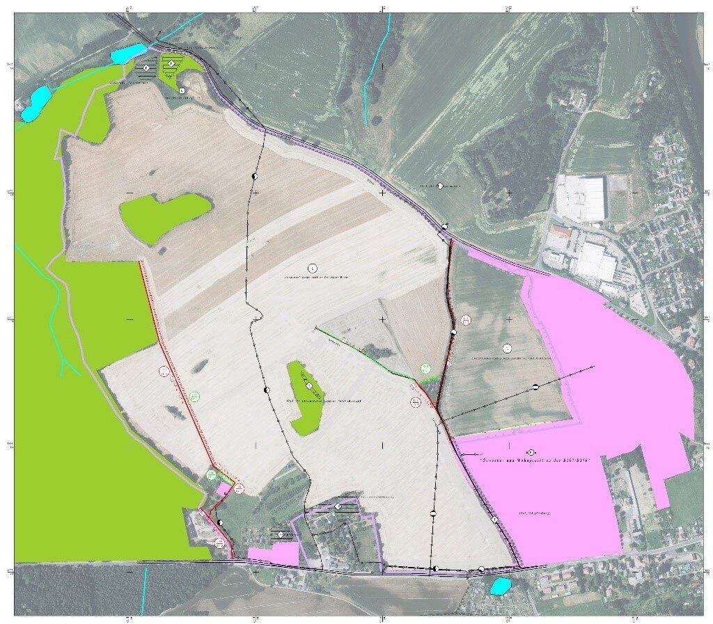 Karte mit Wege- und Gewässerplan mit vorgesehenen Baumaßnahmen