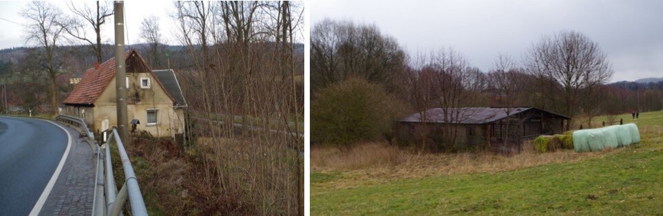 Wohnhaus an der S115 (links) und Weidemelkstall (rechts)