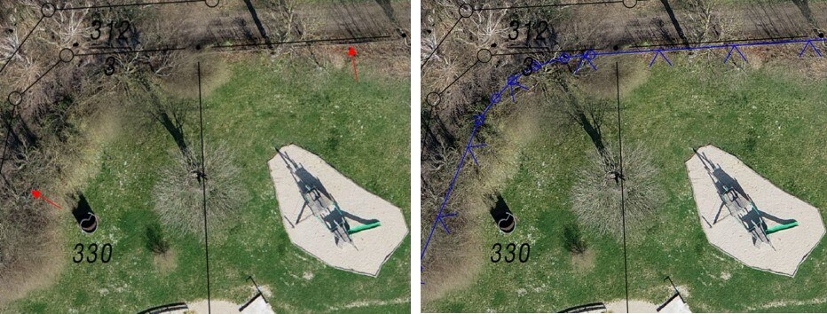 links: Zaunverlauf bildet sich durch vorgesetzten Bord ab (rote Pfeile); rechts: klassisch ermittelter Zaunverlauf (blaue Linie mit Zaunsignatur) 