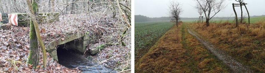 links: Brücke über den Roten Graben; rechts: Roter Grabenweg